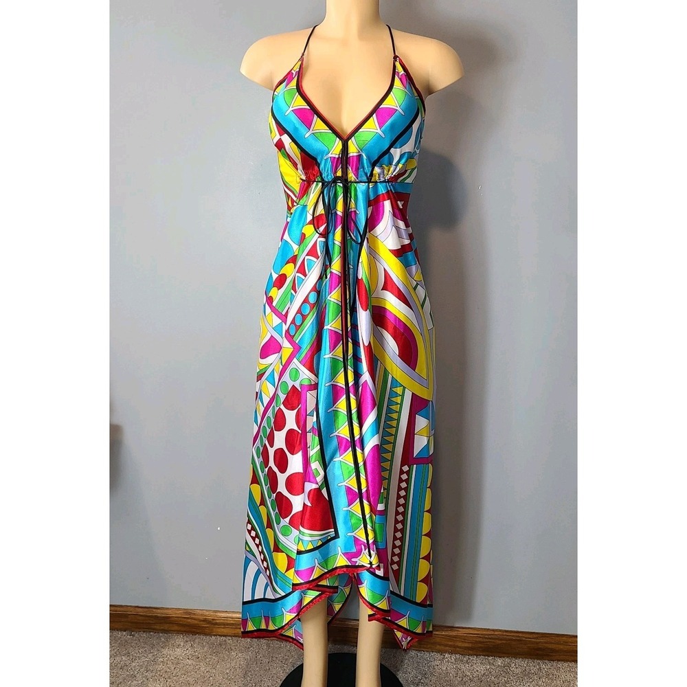 Vtg Resort Dress Sz Medium Rubber Ducky Luxury Cruise Maxi‎ Satin Silky Vacation